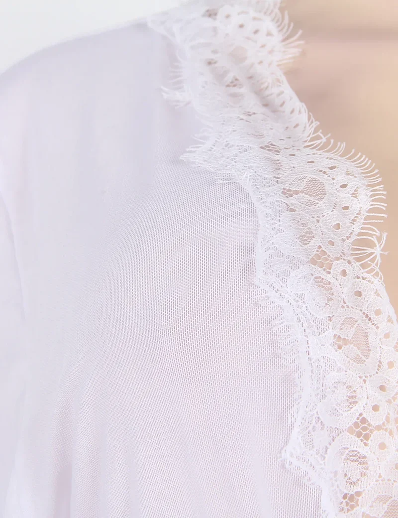Women's Sheer Lace Kimono Robe, Long Sleeve V-Neck Belted Soft Bridal Wedding Lingerie Nightwear Multi-color