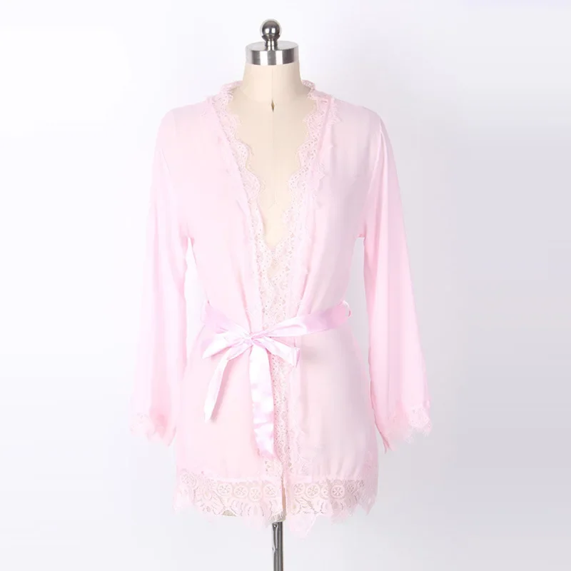 Women's Sheer Lace Kimono Robe, Long Sleeve V-Neck Belted Soft Bridal Wedding Lingerie Nightwear Multi-color