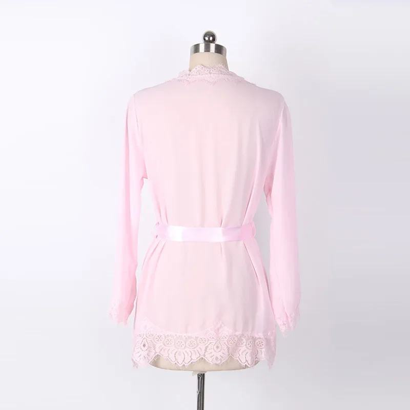 Women's Sheer Lace Kimono Robe, Long Sleeve V-Neck Belted Soft Bridal Wedding Lingerie Nightwear Multi-color