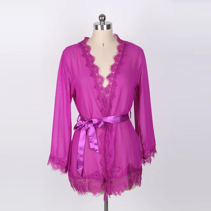 Women's Sheer Lace Kimono Robe, Long Sleeve V-Neck Belted Soft Bridal Wedding Lingerie Nightwear Multi-color