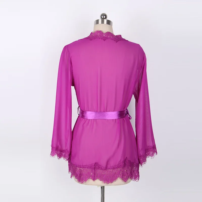 Women's Sheer Lace Kimono Robe, Long Sleeve V-Neck Belted Soft Bridal Wedding Lingerie Nightwear Multi-color