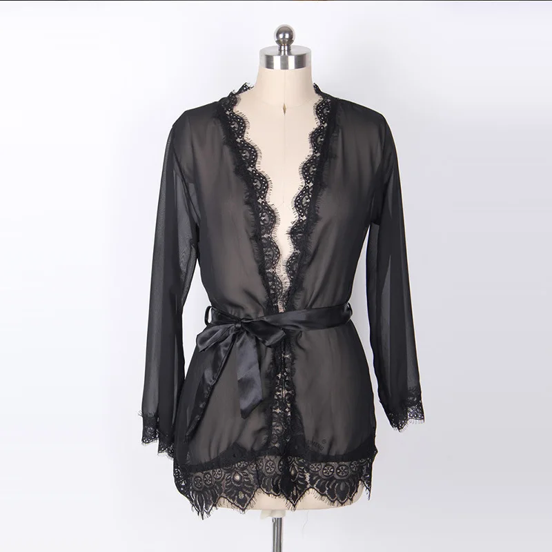 Women's Sheer Lace Kimono Robe, Long Sleeve V-Neck Belted Soft Bridal Wedding Lingerie Nightwear Multi-color