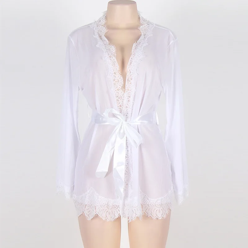 Women's Sheer Lace Kimono Robe, Long Sleeve V-Neck Belted Soft Bridal Wedding Lingerie Nightwear Multi-color