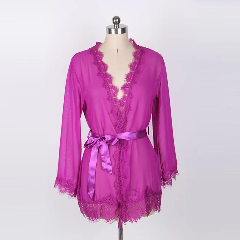 Women's Sheer Lace Kimono Robe, Long Sleeve V-Neck Belted Soft Bridal Wedding Lingerie Nightwear Multi-color