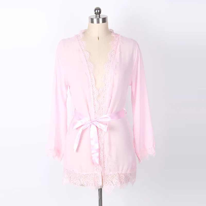 Women's Sheer Lace Kimono Robe, Long Sleeve V-Neck Belted Soft Bridal Wedding Lingerie Nightwear Multi-color