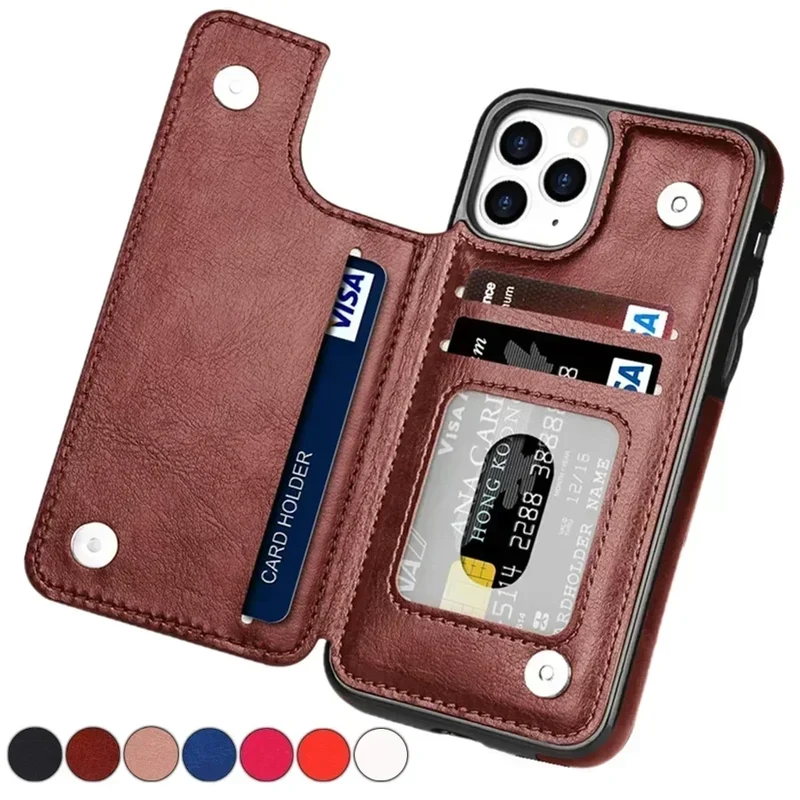 Wallet Double Button With Card Slot Stand Flip Leather Case For iPhone 16e 16 Pro Max 15 Plus 14 13 12 Mini 11 SE3 SE2 X XR 8 7