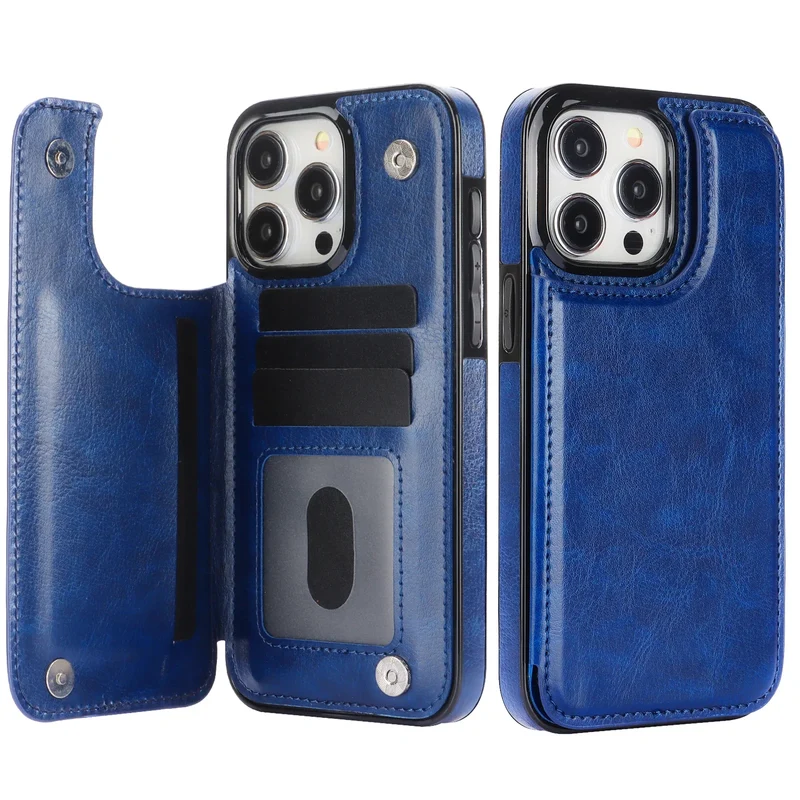 Wallet Double Button With Card Slot Stand Flip Leather Case For iPhone 16e 16 Pro Max 15 Plus 14 13 12 Mini 11 SE3 SE2 X XR 8 7