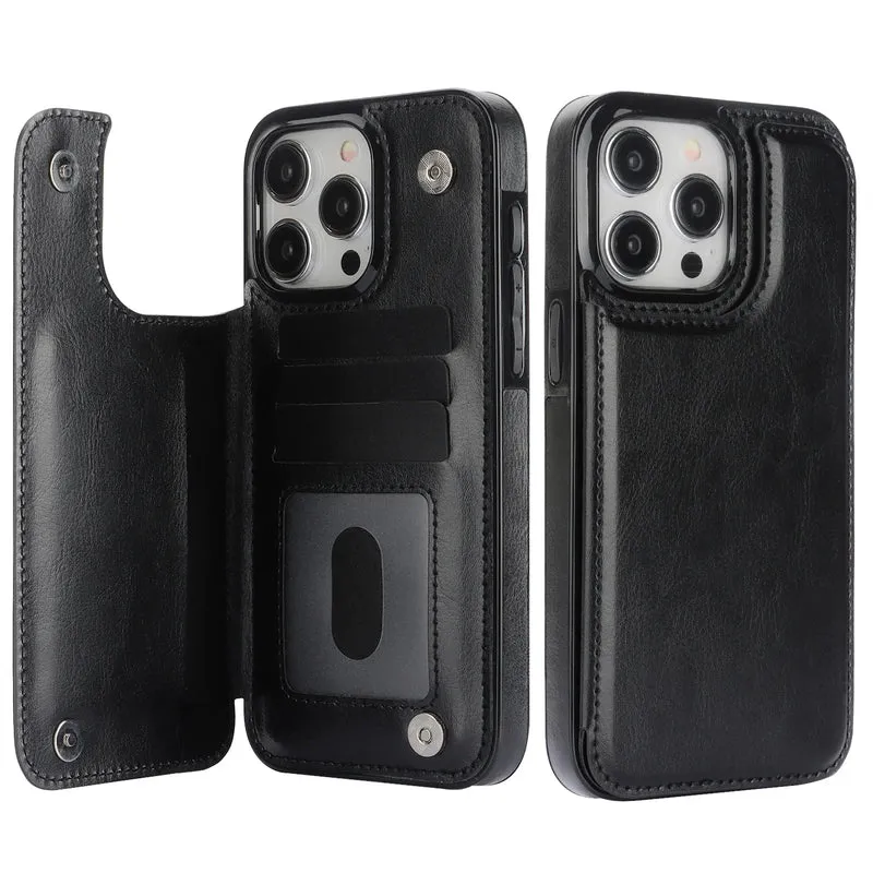 Wallet Double Button With Card Slot Stand Flip Leather Case For iPhone 16e 16 Pro Max 15 Plus 14 13 12 Mini 11 SE3 SE2 X XR 8 7