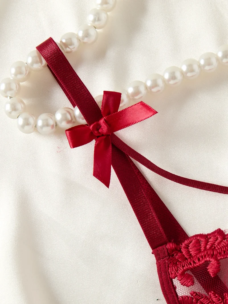 Wine Red Ladies' countryside style wheat ear embroidery semi transparent nightgown, elegant and comfortable, bow design ZA825066