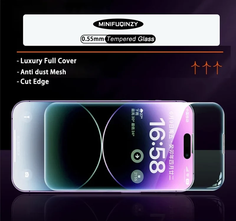 Cut Edge Anti Dust Mesh 0.5mm Privacy Tempered Glass For iPhone 17 15 16 Pro Max Screen Protector 17 Air Plus Luxury Full Cover