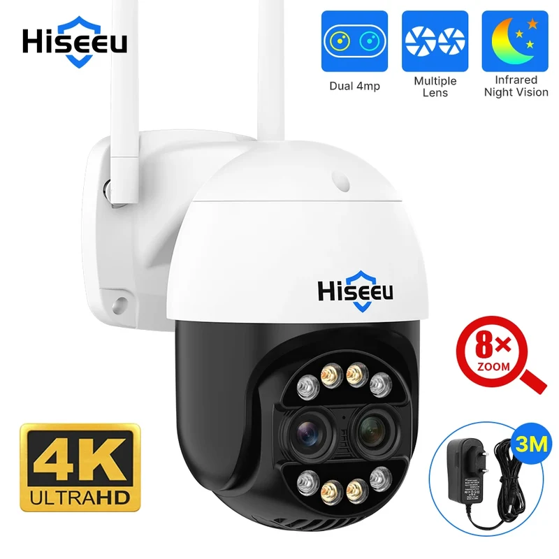 Hiseeu 4K 8MP Dual Lens PTZ Wifi IP Camera 8X Zoom Outdoor HD Full Color Night Vision Human Detection Video Surveillance Cameras