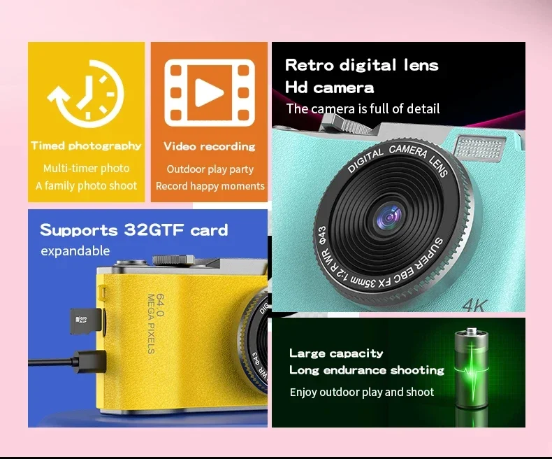 Digital Camera 4K HD Kid Camera 48MP Autofocus Vlogging Camera 2.4 Inch Retro Fashion Portable Video Camcorder for Beginners