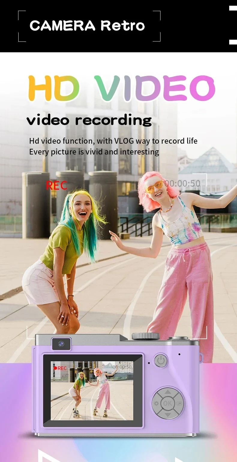 Digital Camera 4K HD Kid Camera 48MP Autofocus Vlogging Camera 2.4 Inch Retro Fashion Portable Video Camcorder for Beginners