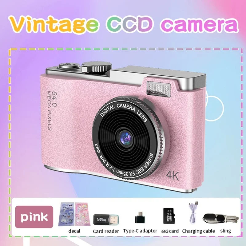 Digital Camera 4K HD Kid Camera 48MP Autofocus Vlogging Camera 2.4 Inch Retro Fashion Portable Video Camcorder for Beginners