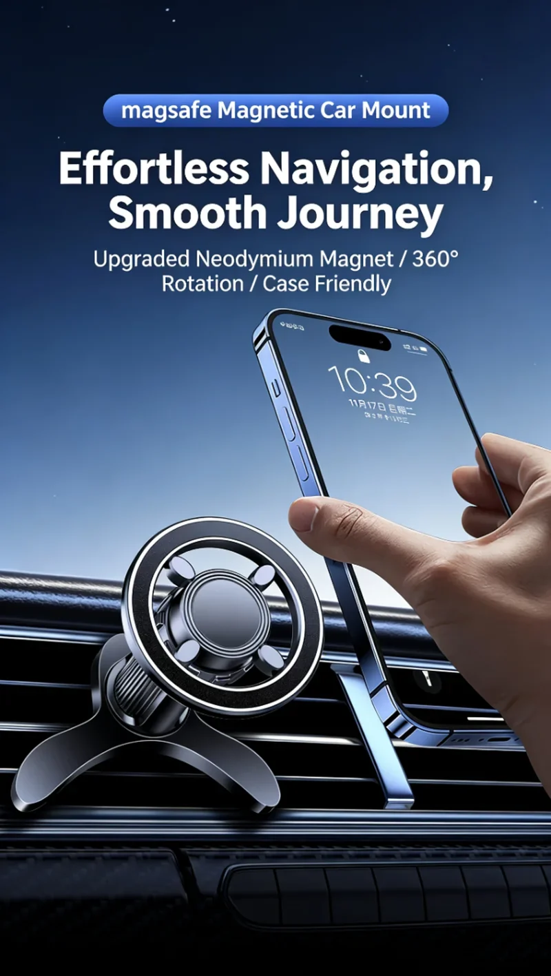 MagSafe Car Mount, 17 N52 Magnets Air Vent Phone Holder, 360° Rotatable, Fit iPhone 16-12 Series & All Phones, with MagneticRing