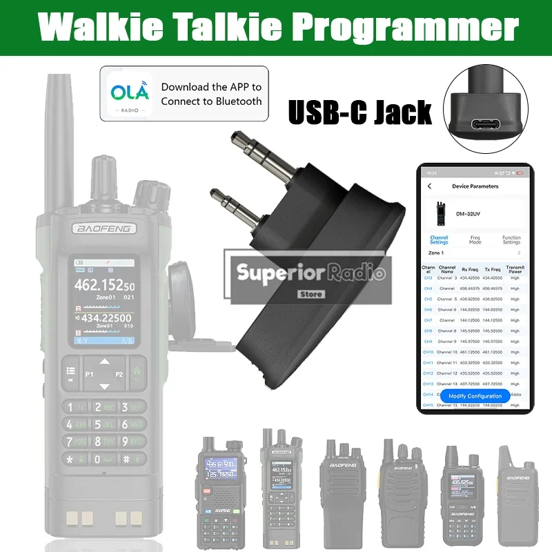 Walkie Talkie Bluetooth Wireless Programmer Plug & Play No Driver Issue Phone APP Programming for Baofeng DM-32 UV-5R BF-T20D