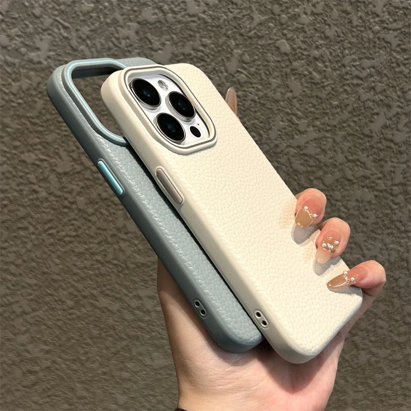Luxury Business Lichee Pattern Leather Texture TPU Case For iPhone 16 15 14 13 12 11 Pro Max 16 Plus Shockproof Matte Soft Cover