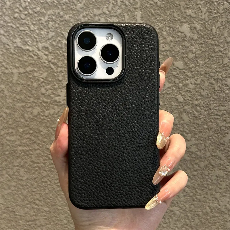 Luxury Business Lichee Pattern Leather Texture TPU Case For iPhone 16 15 14 13 12 11 Pro Max 16 Plus Shockproof Matte Soft Cover