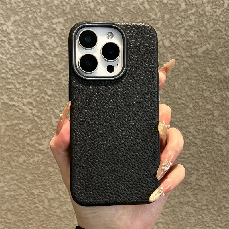 Luxury Business Lichee Pattern Leather Texture TPU Case For iPhone 16 15 14 13 12 11 Pro Max 16 Plus Shockproof Matte Soft Cover