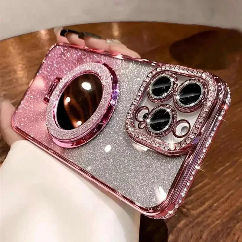 Luxury Jewelled Case For iPhone 16 11 12 13 14 15 Pro Max Glitter Mirror Bracket Bumper Cover