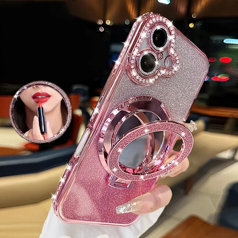 Luxury Jewelled Case For iPhone 16 11 12 13 14 15 Pro Max Glitter Mirror Bracket Bumper Cover