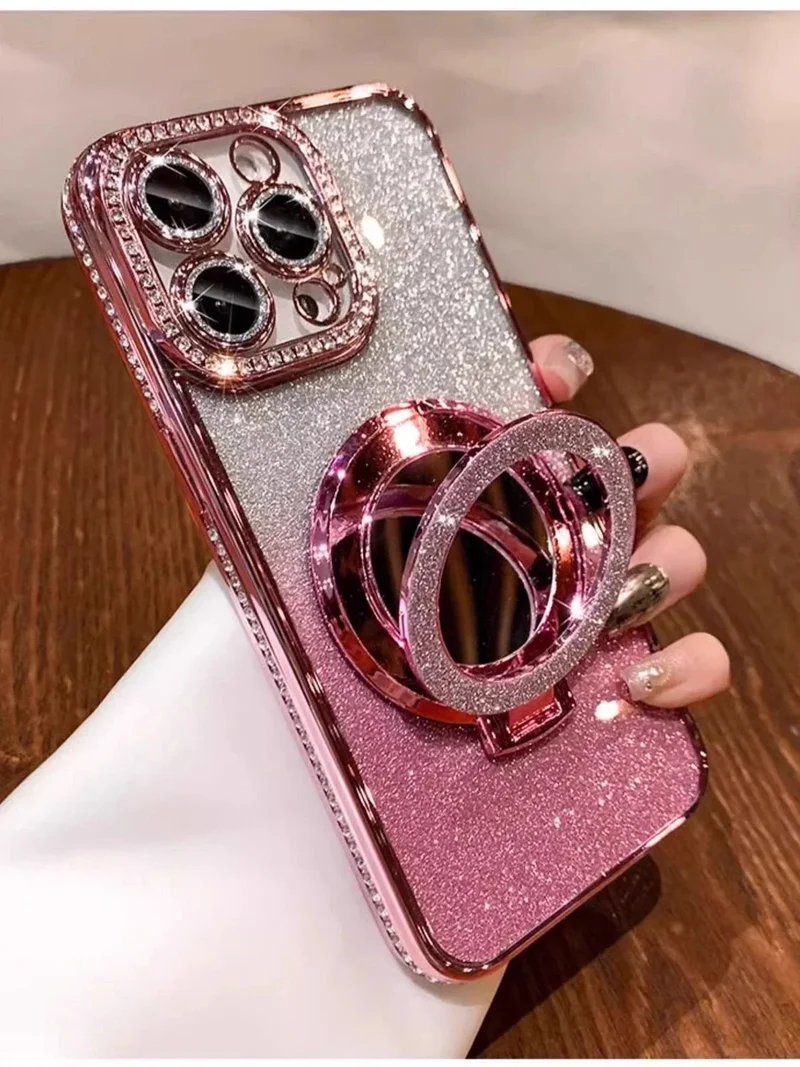 Luxury Jewelled Case For iPhone 16 11 12 13 14 15 Pro Max Glitter Mirror Bracket Bumper Cover