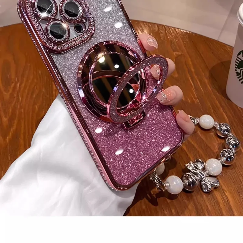 Luxury Jewelled Case For iPhone 16 11 12 13 14 15 Pro Max Glitter Mirror Bracket Bumper Cover