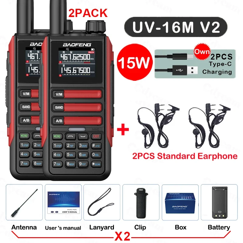 2Pack Baofeng 15W 50KM Waterproof Walkie Talkie 999CH AM FM 2-Way Radio Full Band LCD Screen Frequency Copy Noise Reduce UV16M