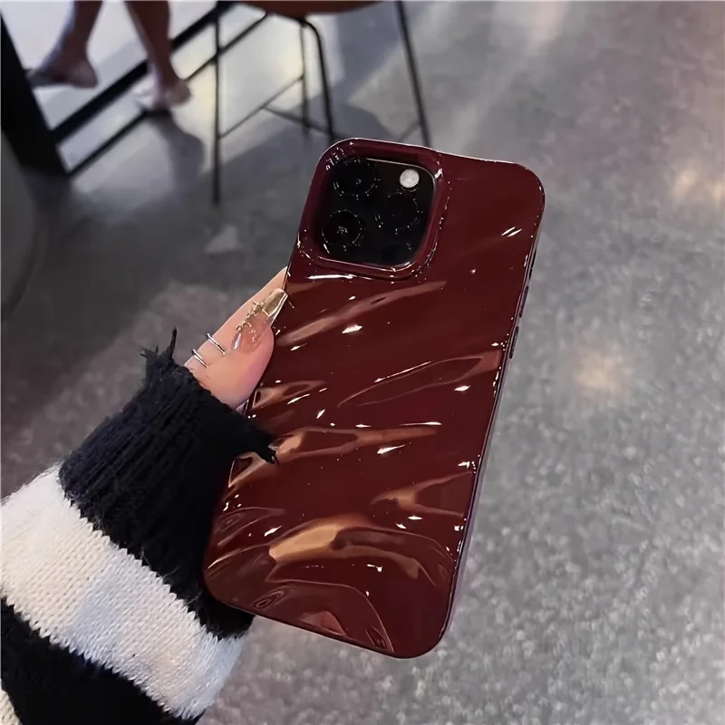 for iPhone 16 15 14 Plus 13 12 11promax three-dimensional pleated wave wine burgundy high-end fashion Back Soft Cover