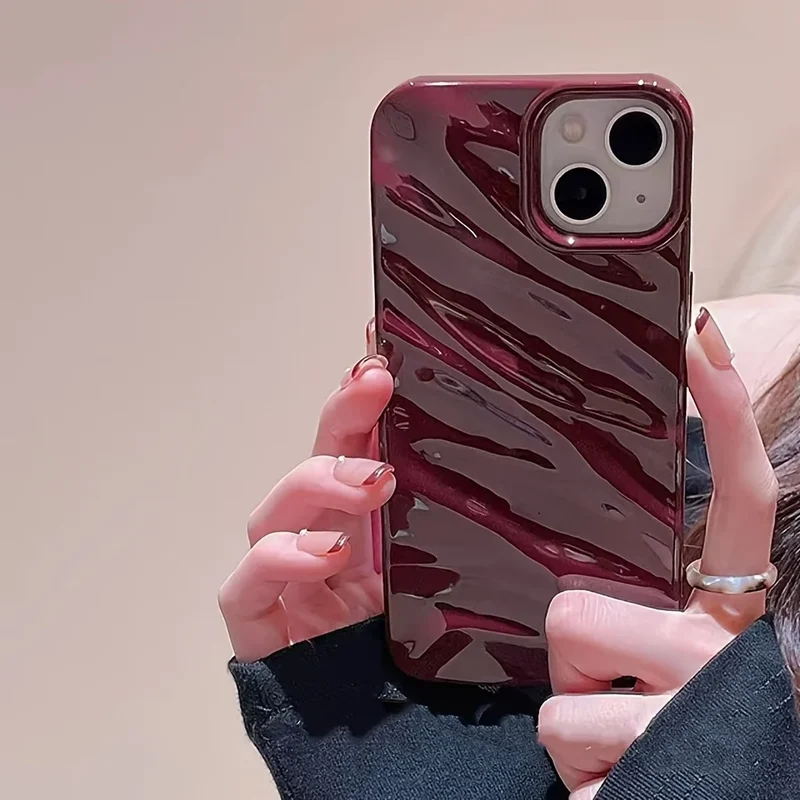 for iPhone 16 15 14 Plus 13 12 11promax three-dimensional pleated wave wine burgundy high-end fashion Back Soft Cover