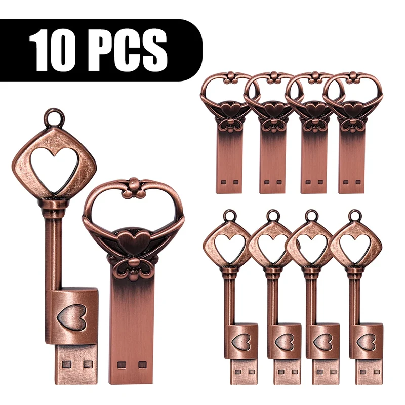 10pcs/lot Copper Love Heart Pen Drive 128GB Metal USB 2.0 Flash Drive 64GB Key Memory Stick Creative Gift Pendrive 64GB Storage