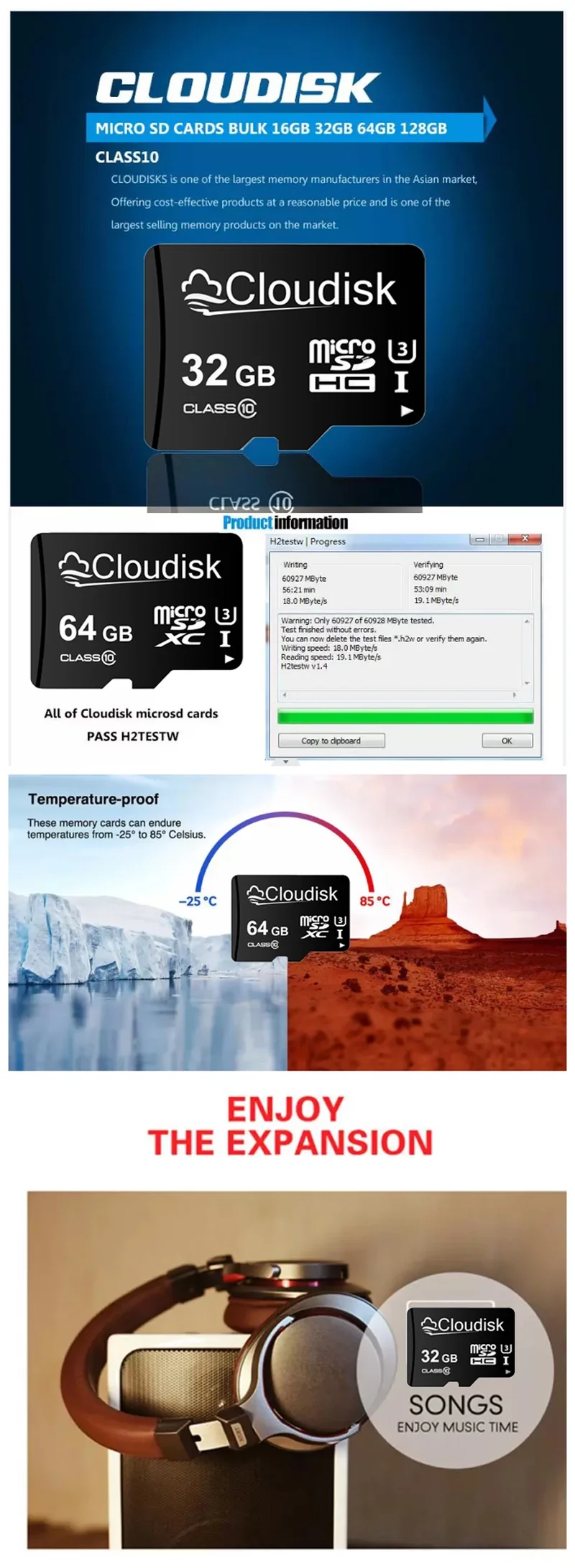 Cloudisk Micro SD Memory Card U3 128GB 64GB 32GB 256GB V30 C10 16GB 8GB 4GB 2GB 1GB A1 Microsd Cards For Phone Tablet