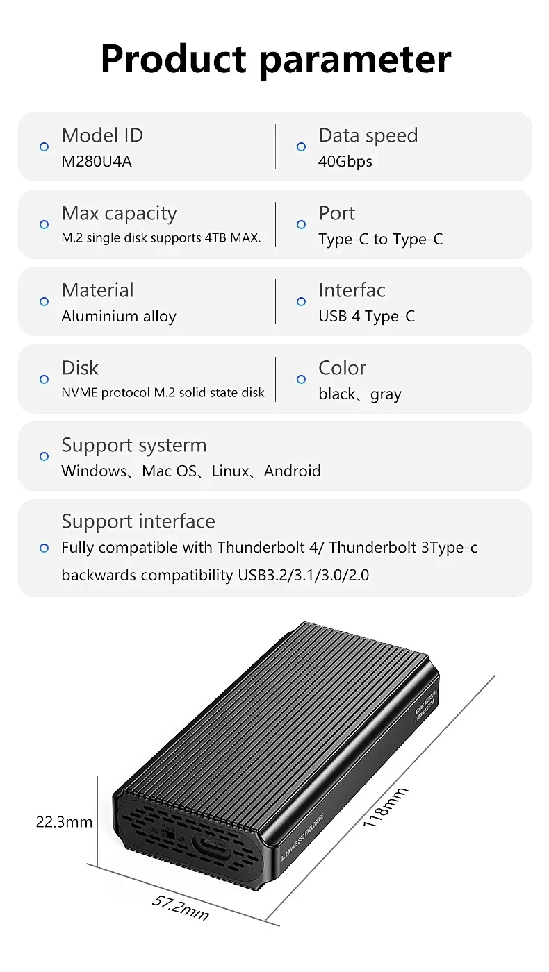 40Gbps USB 4.0 SSD Enclosure Thunderbolt USB-C M.2 NVMe SSD Case Compatible with USB 3.2/3.1/3.0 For Macbook iPad Phone Laptop