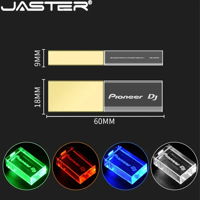 Pioneer DJ logo LED lights Crystal USB Flash Drive 128GB Gold Lid Pendrive 64GB Memory Stick 32GB Real Capacity U Disk 16GB