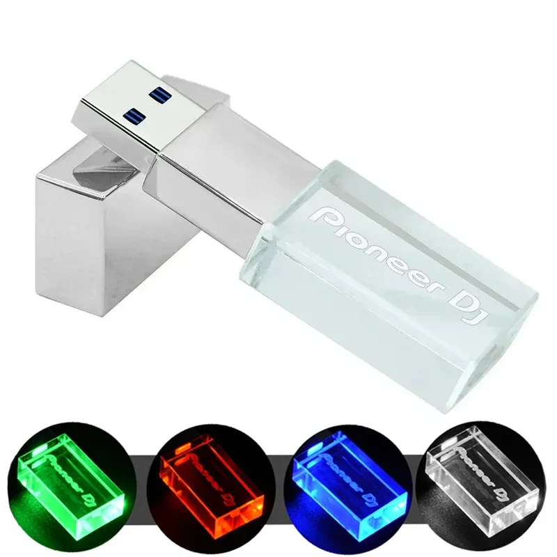 Pioneer DJ logo LED lights Crystal USB Flash Drive 128GB Gold Lid Pendrive 64GB Memory Stick 32GB Real Capacity U Disk 16GB