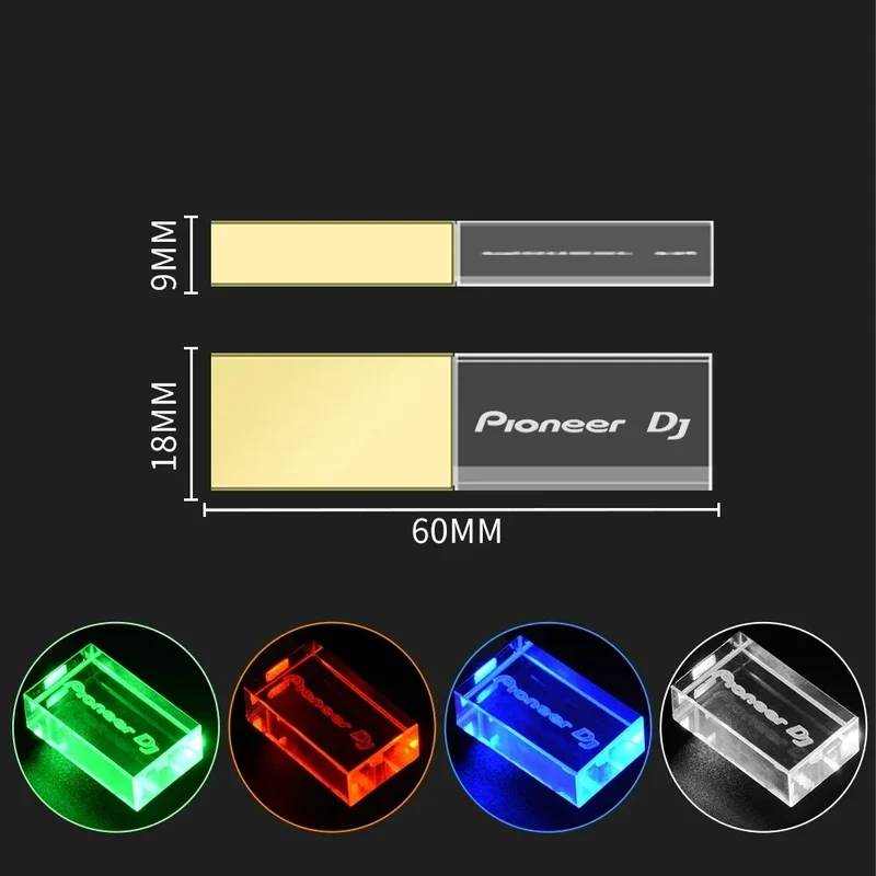 Pioneer DJ logo LED lights Crystal USB Flash Drive 128GB Gold Lid Pendrive 64GB Memory Stick 32GB Real Capacity U Disk 16GB