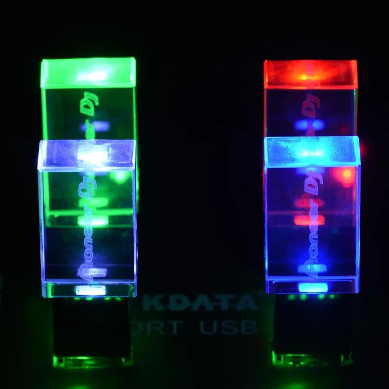 Pioneer DJ logo LED lights Crystal USB Flash Drive 128GB Gold Lid Pendrive 64GB Memory Stick 32GB Real Capacity U Disk 16GB
