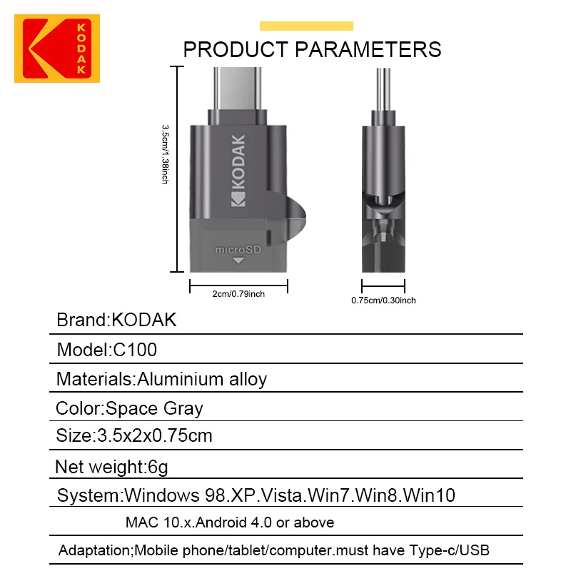 Kodak Type-C Micro SD Card Reader TF Memory Card High-speed Transmission Adapter