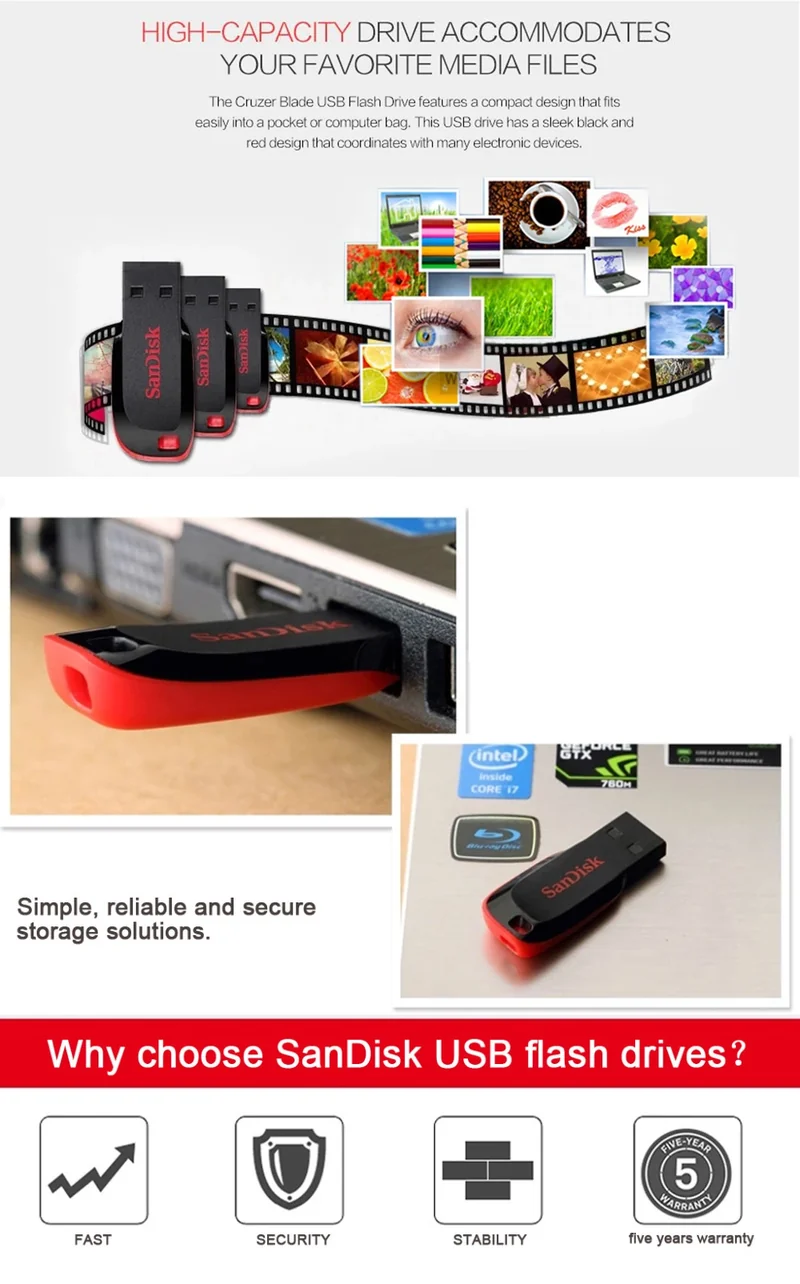 SanDisk CZ50 USB2.0 Pendrive 32GB 16GB 64GB USB Flash Drive Pen Drive U Disk Mini Flash Drive Cruzer Blade 100% Original