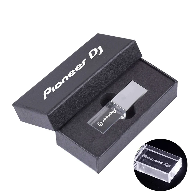 Hot Sale Pioneer DJ Crystal USB 2.0 Flash Drive 128GB Real Capacity Memory Stick 64GB Silver Case LED Light Pen Drive with Box