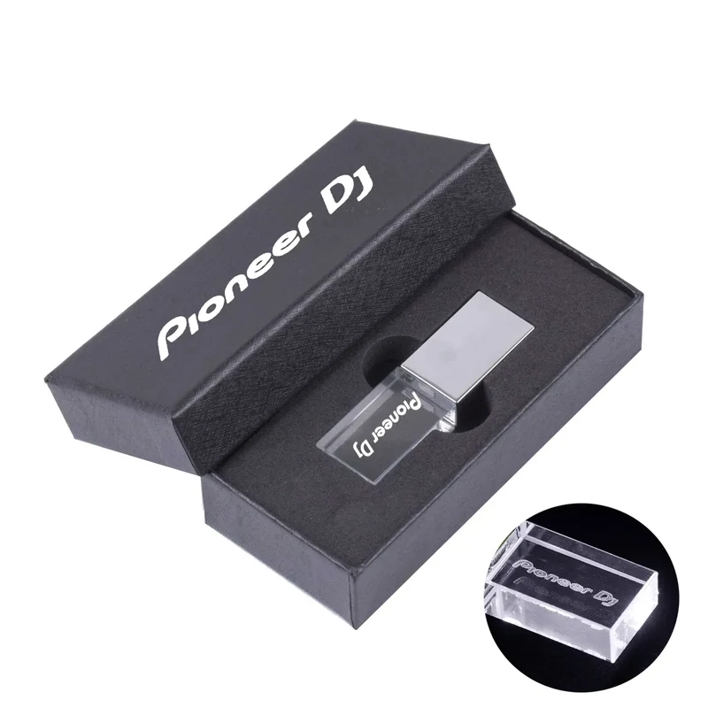 Hot Sale Pioneer DJ Crystal USB 2.0 Flash Drive 128GB Real Capacity Memory Stick 64GB Silver Case LED Light Pen Drive with Box