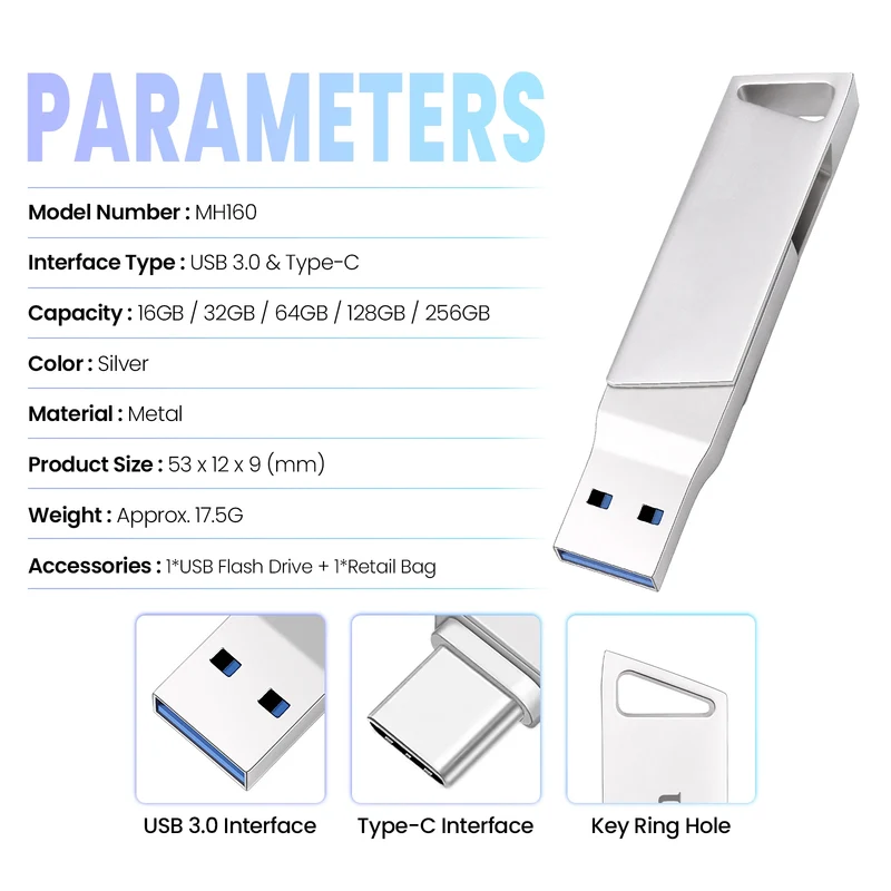 New Metal Type-C Rotatable USB 3.0 Flash Drive 32GB Computer And Phone Dual-Use Rotating Design Durable Data Storag Pen Drives