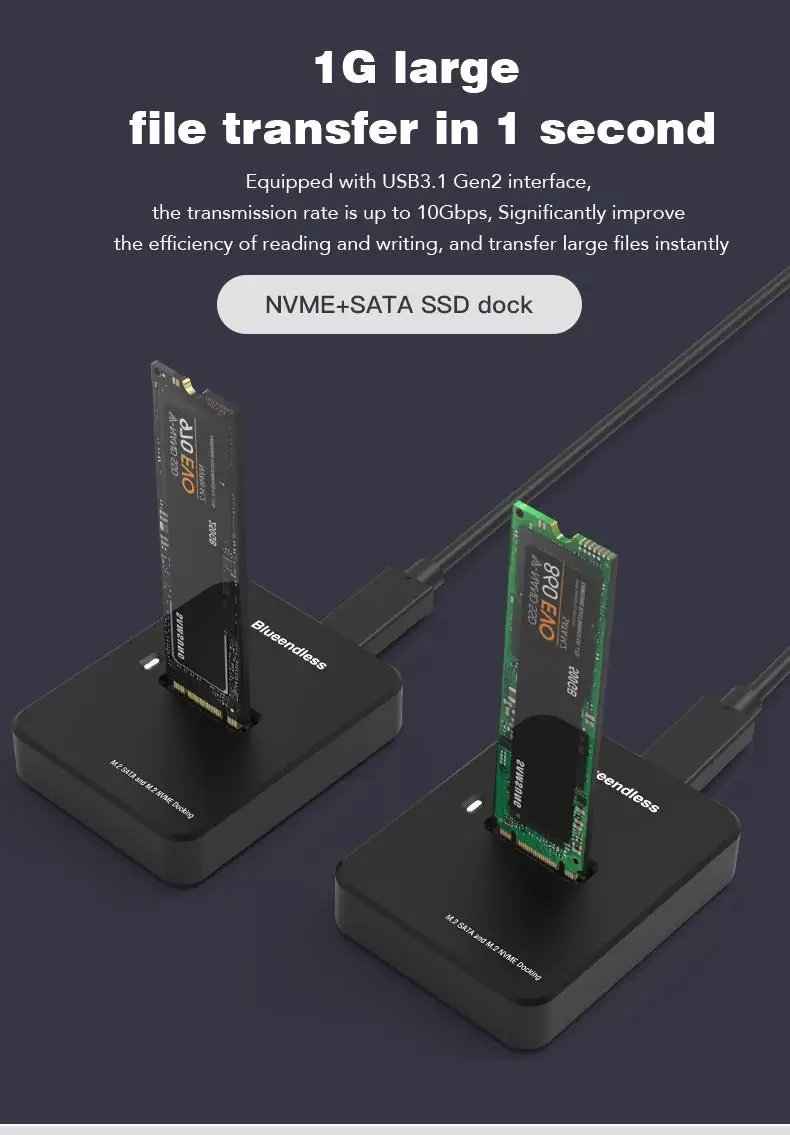 Blueendless External SSD Hard Disk M.2 SSD Enclosure 10Gbps Online Reading Writing Speed SSD Case For SATA NVME Docking Station