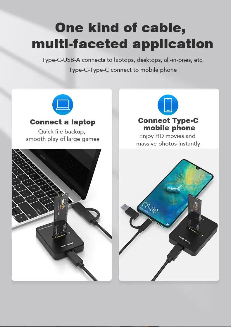 Blueendless External SSD Hard Disk M.2 SSD Enclosure 10Gbps Online Reading Writing Speed SSD Case For SATA NVME Docking Station