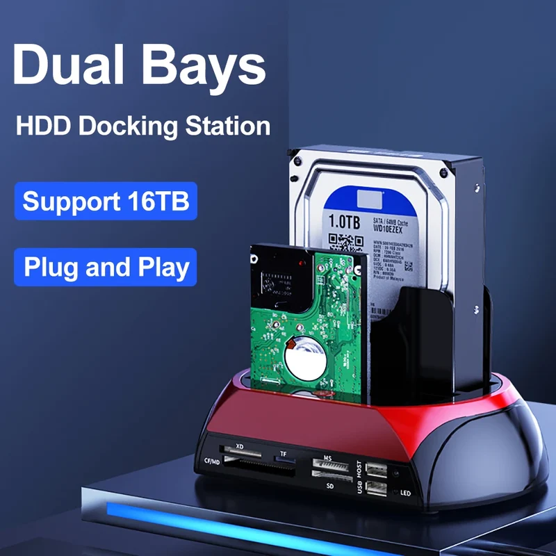 10 IN 1 IDE SATA USB3.0 Dual Bay External Hard Disk Drive 2.5 inch 3.5 inch HDD Docking Station One Touch Backup HUB Card Reader