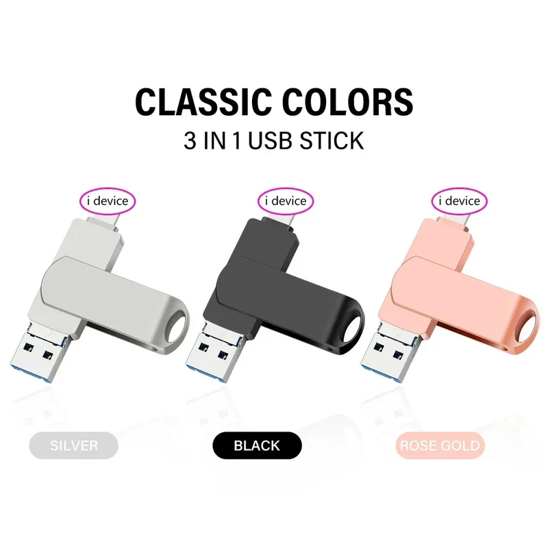 Rotate USB 3.0 Flash Drive 8GB 16GB with 3-in-1 Type-C to Lightning Interface 32GB Pendrive for iPad 11/12/13/14