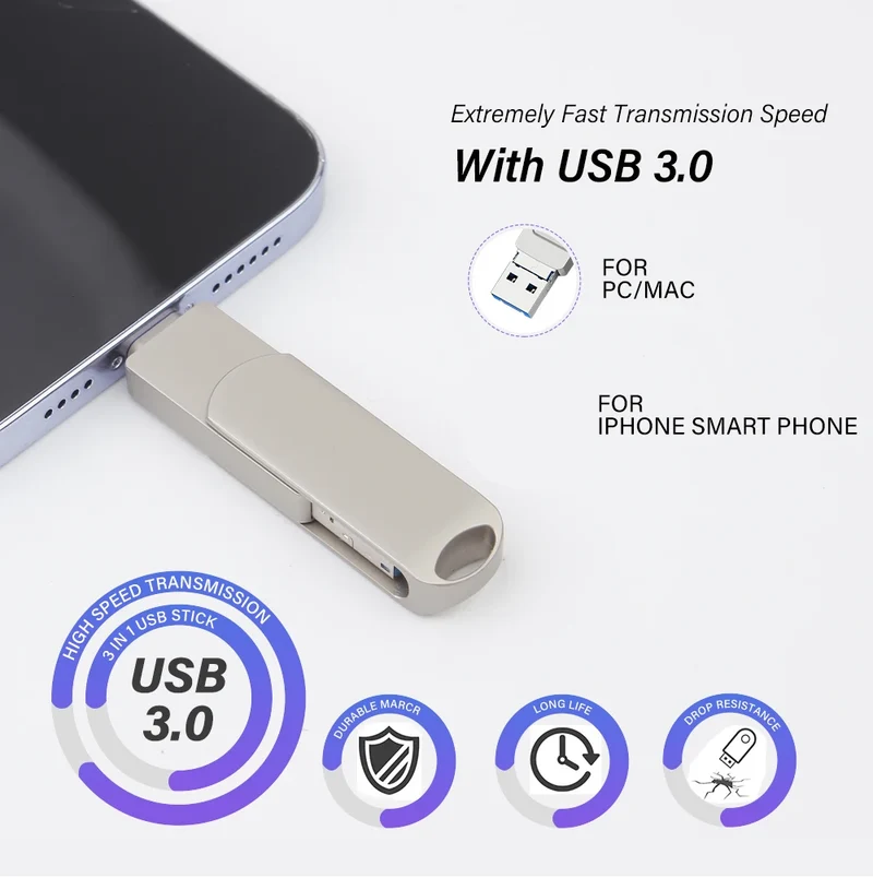 Rotate USB 3.0 Flash Drive 8GB 16GB with 3-in-1 Type-C to Lightning Interface 32GB Pendrive for iPad 11/12/13/14