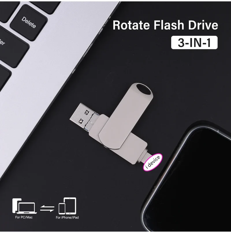 Rotate USB 3.0 Flash Drive 8GB 16GB with 3-in-1 Type-C to Lightning Interface 32GB Pendrive for iPad 11/12/13/14