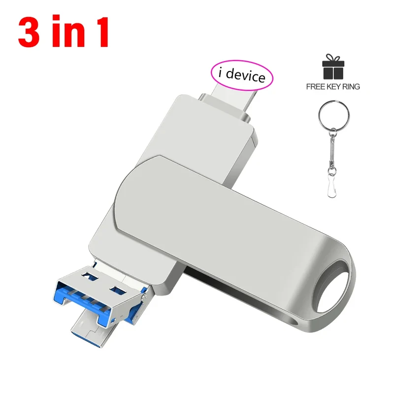 Rotate USB 3.0 Flash Drive 8GB 16GB with 3-in-1 Type-C to Lightning Interface 32GB Pendrive for iPad 11/12/13/14