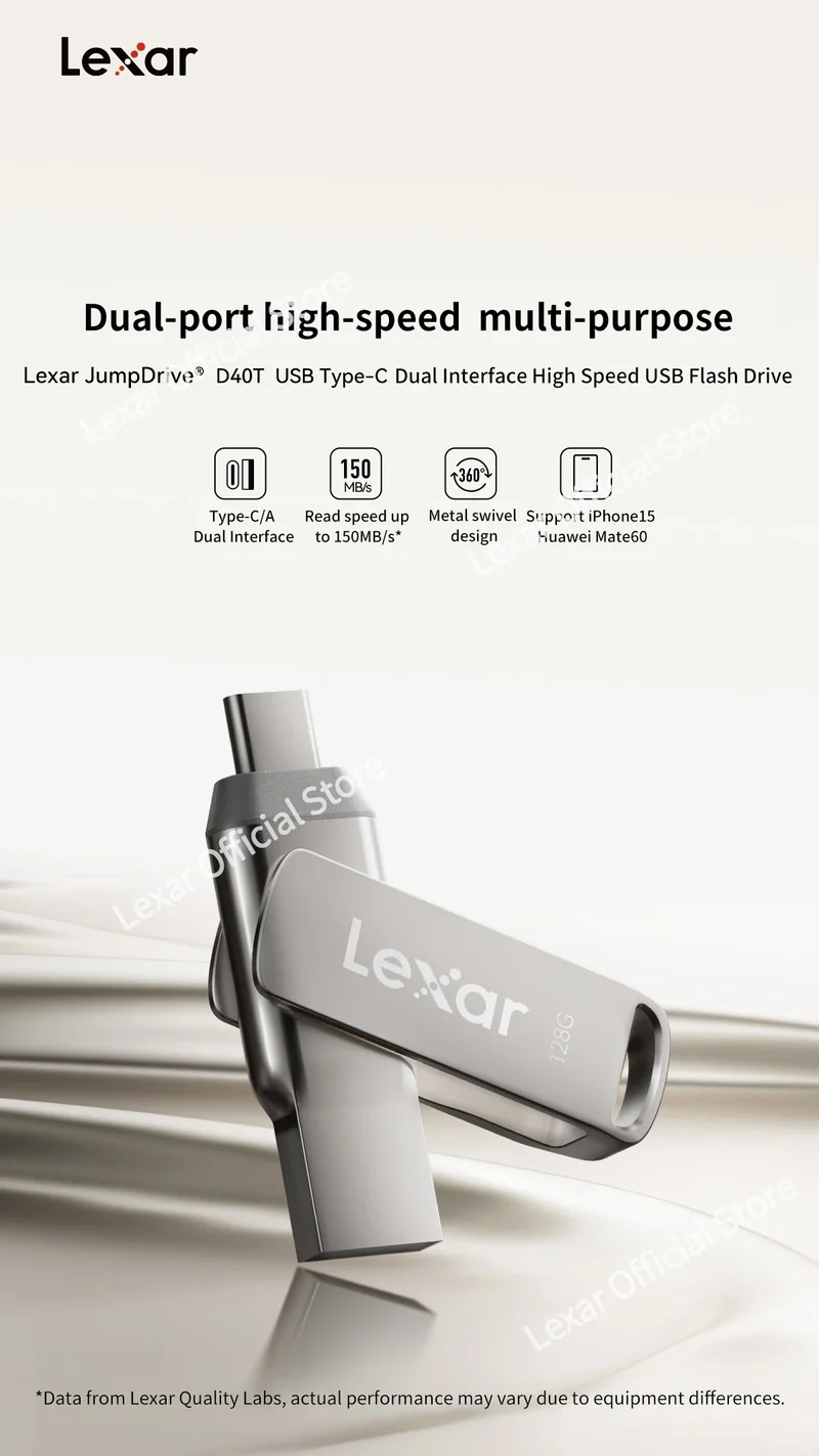 Lexar JumpDrive D40T Encrypted Metal Pen Drive USB 3.2 Type-C Type-A High Speed USB Disk 128GB Flash Memory for PC